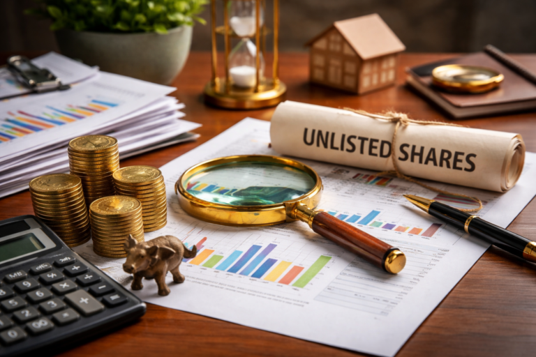 A close-up shot of financial documents with vibrant graphs, a magnifying glass, stacks of gold coins, and other key financial elements on a sleek wooden desk, symbolizing unlisted shares investment.