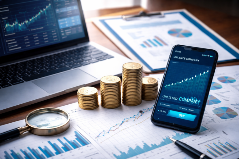 Professional digital illustration showing unlisted shares and pre-IPO investment with stock charts, financial graphs, coins, and growth analysis